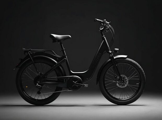Bicicleta elétrica urbana E-Street de perfil sobre fundo escuro